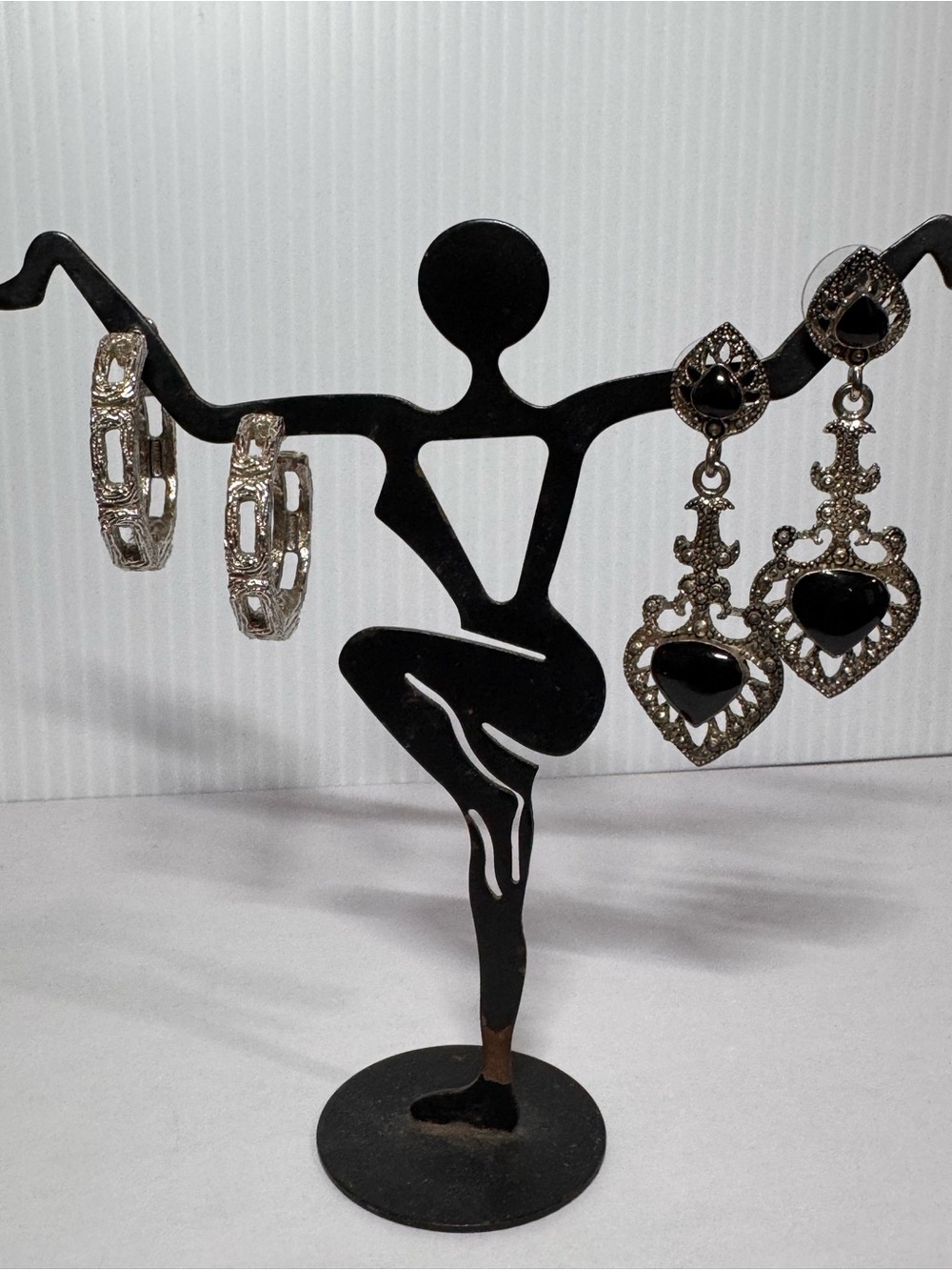 Black Heart Drop Earrings with Silver-Tone Filigree & Silver Tone Hoop Earrings